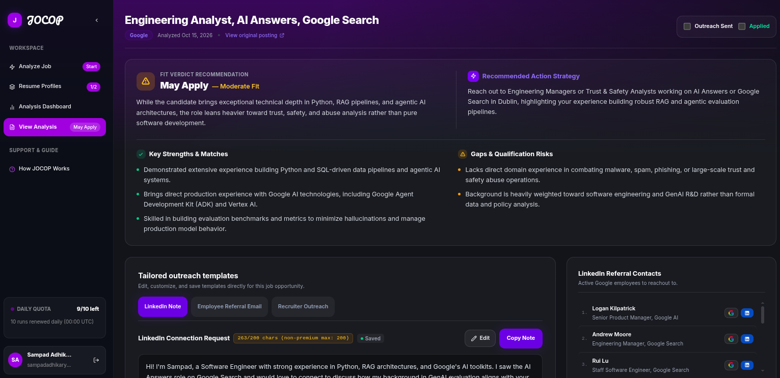 Screenshot of JOCOP Copilot and Match Analysis